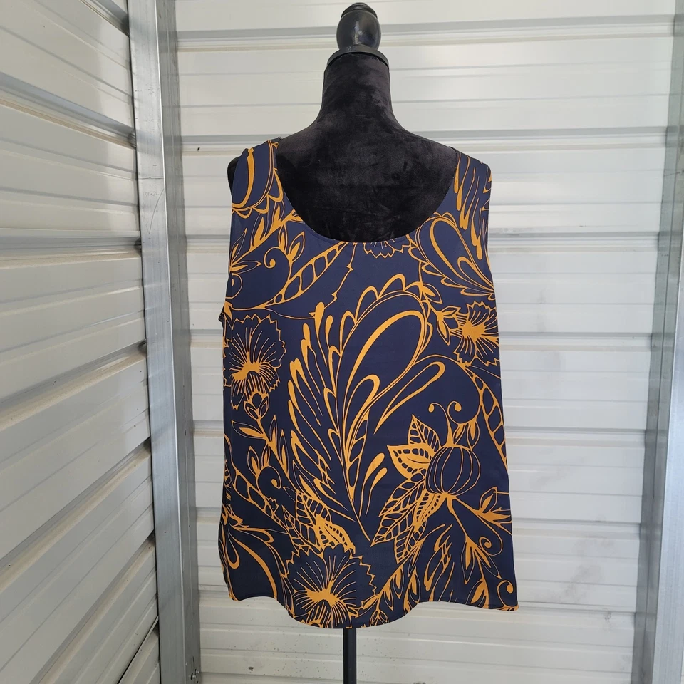 Marks and Spencer Navy Blue Yellow Tank Top Sleeveless Satin Feel Shirt M&S 18 — 第 3/4 张图片