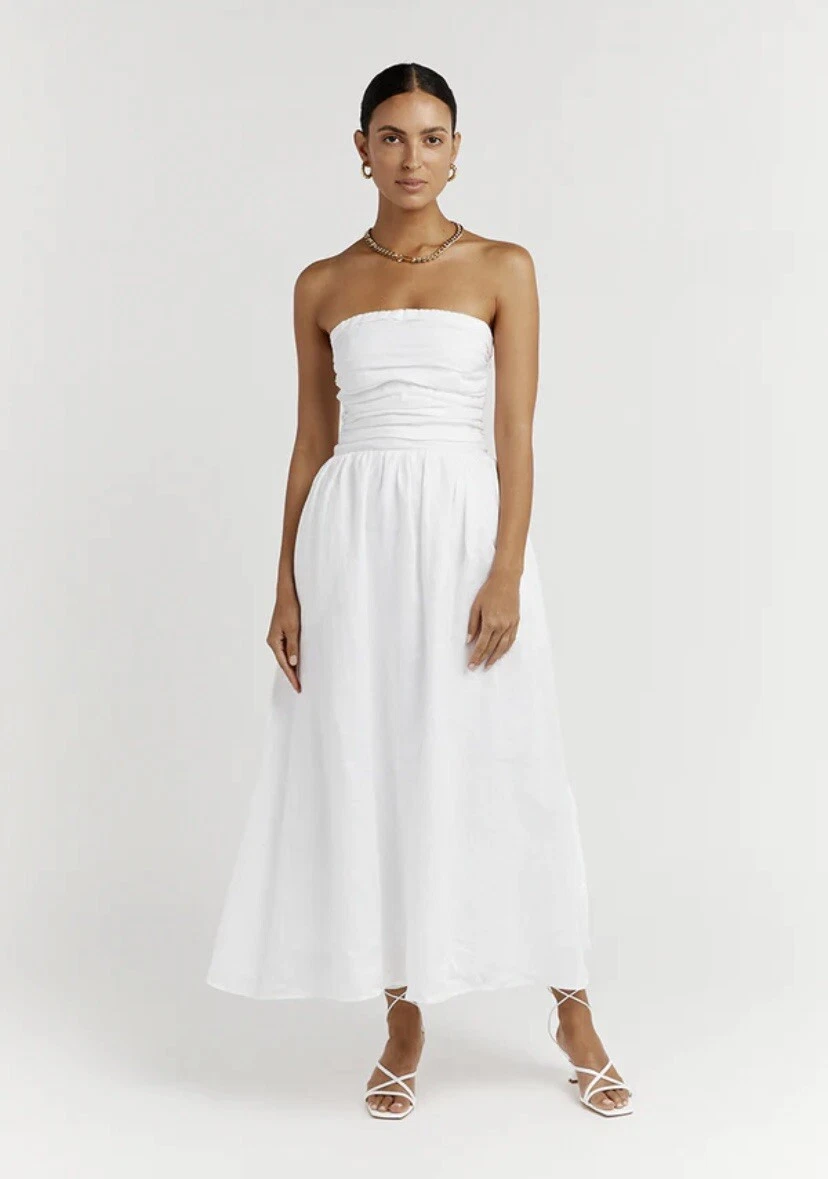 white strapless midi dress