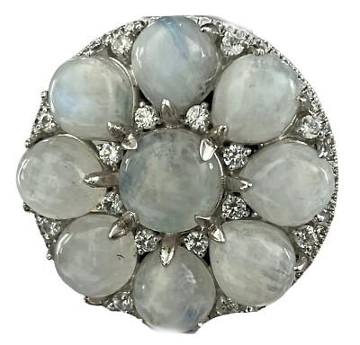 Colleen Lopez Moonstone & Zircon Silver Round Dramatic Cocktail Ring Size 6