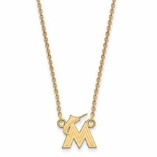 10k Gold MLB Miami Marlins M and Marlin Small Pendant 18 in Necklace