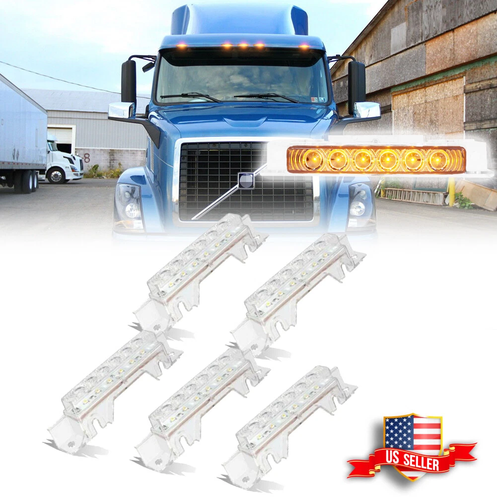 5PCS Clear Lens Amber LED Cab Roof Marker Lights For 2003-up Volvo VN/VNL Truck