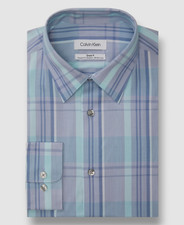  80 Calvin Klein Mens Blue Regular-Fit Plaid Stretch Dress Shirt Size 15.5 32-33