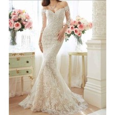Wedding dress off-shoulder Sze 8-10 mermaid white bride lace V-neck NEW tail
