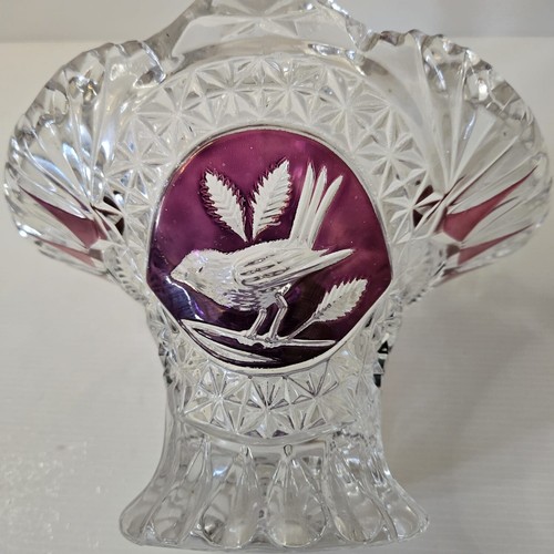 Bohemian Cut to Clear Ruby Glass Basket – Bird Motif – 8.5" Wide, 9" Tall, 1.3kg - Picture 2 of 5
