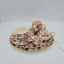 Vintage Rare Miniature Decor Pink Rose with Gold Trim 7 Piece Porcelain Tea Set