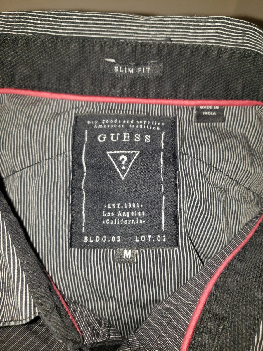 Camisa (Mediana) Para Hombres GUESS Abotonada Negra Gris Rayas Calce Ajustado