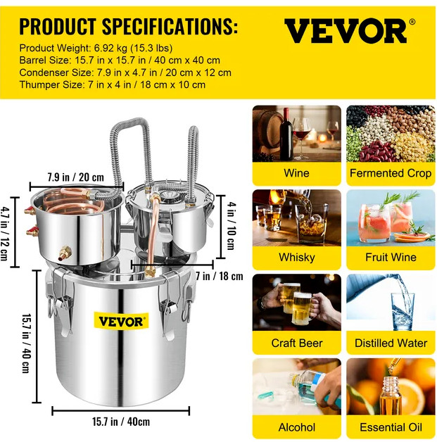 Alcohol Still Water Distiller Kit Stainless Steel Copper Wine Brewing Pot Gift