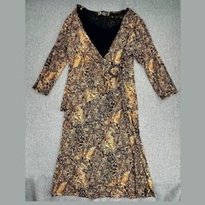 Vintage Marisol Midi Dress Large 96% Acetate 4% Spandex Tan & Black Low V-Neck.