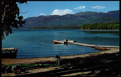 Postcard City Dock Area Looking to Big Mountain Ski Resort, Whitefish Lake, MT