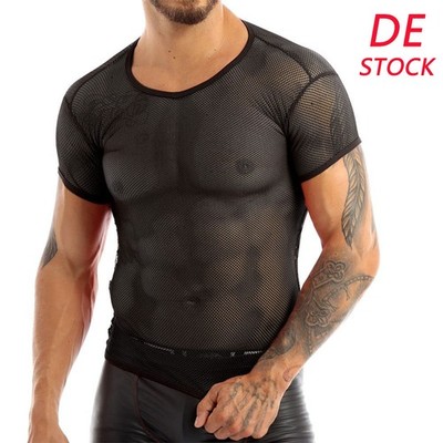 DE Herren Kurzarm Netzhemd Fitness Unterhemd Transparent Hemd Tank Top Clubwear