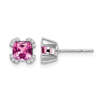 Ohrstecker 14 Karat Weißgold 5,5 mm Cushion Lab Created rosa Saphir und Diamant