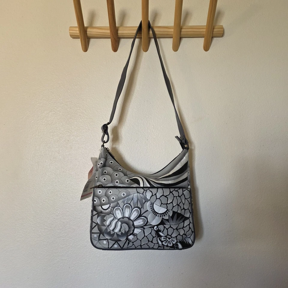 Anuschka Medium Hand Painted Leather Hobo Bag Patchwork Pewter Black Floral NWT - Image 3 of 4