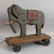 Handmade Carved Painted Wood Leather Primitive Folk Art Circus Elephant Pull Toy