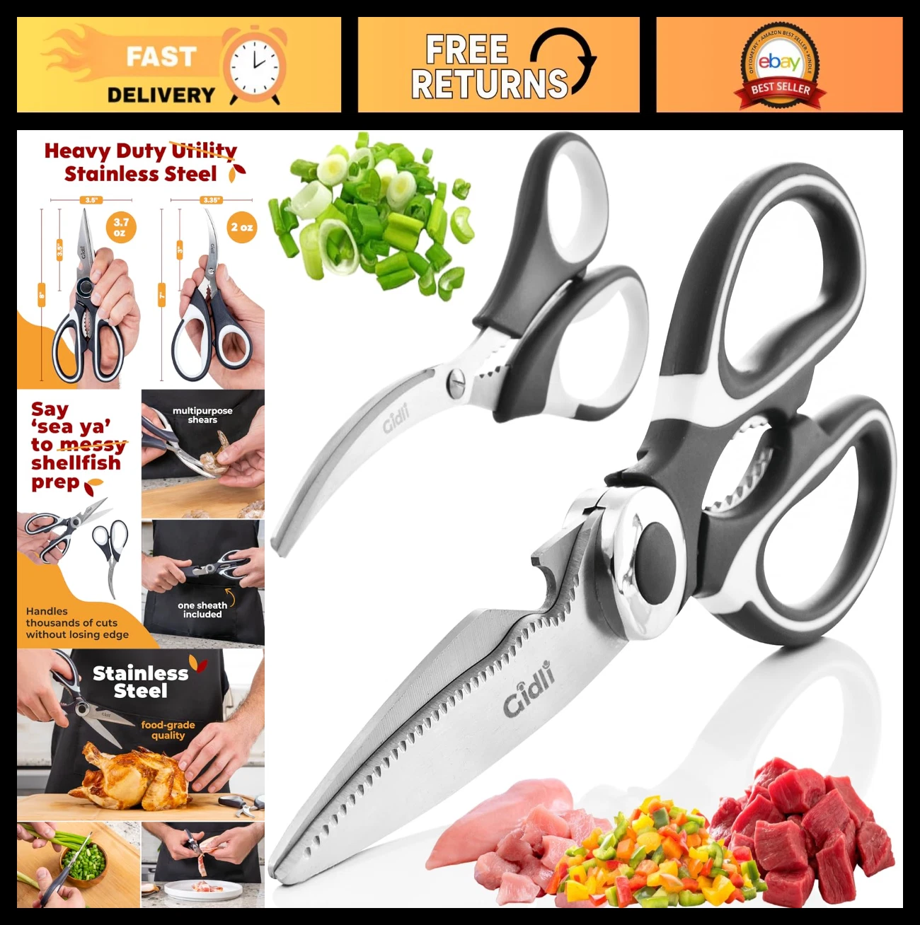 Heavy Duty Kitchen Shears - Ultra Sharp Stainless Steel Utility Scissors + Seafo