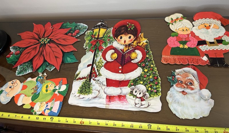 VTG 80s Christmas Paper Die Cut Wall Decor Lot, Santa, Angels, Trees, Wreaths L5