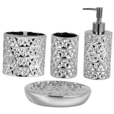 Silver Bathroom Accessories Set, 4 Piece Ceramic Bath Accessory Sets Complete, 