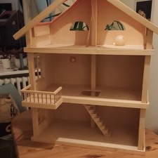 Holz Puppenhaus 2 Stockwerke, 3 Zimmer, beleu...