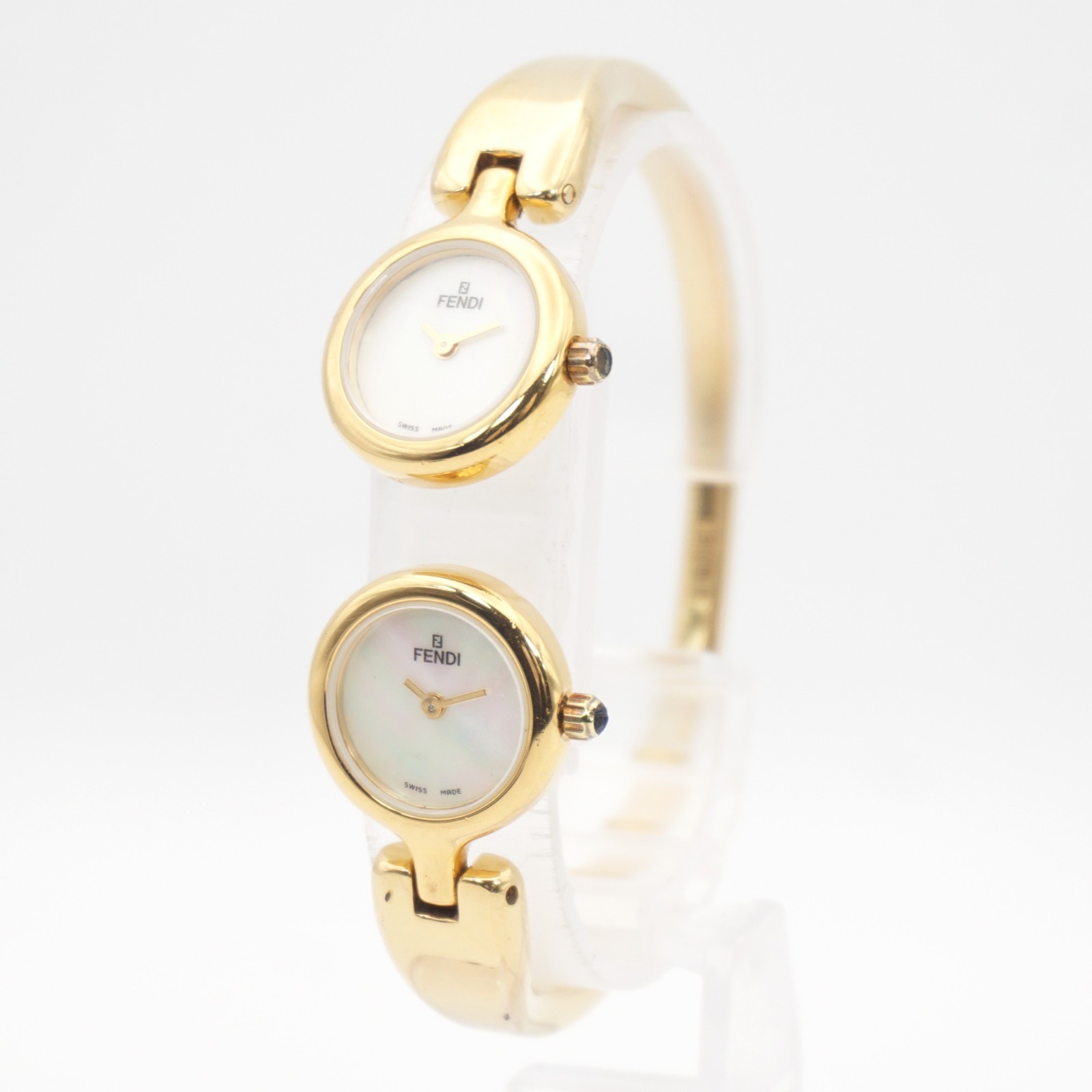 New Battery FENDI 620L Double Face Gold White Shell Dual Time Bangle Watch 18mm image 3