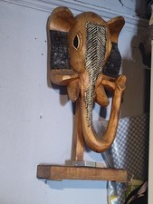 African Tribal  Elephant Mask Wood Hand Carved Wall Hanging Ghana  17