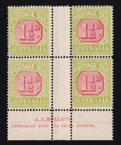 ACSC D107Bza - 1926 Mullett Imprint Block of 4 x 1½d Postage Due Stamps MNH - O5