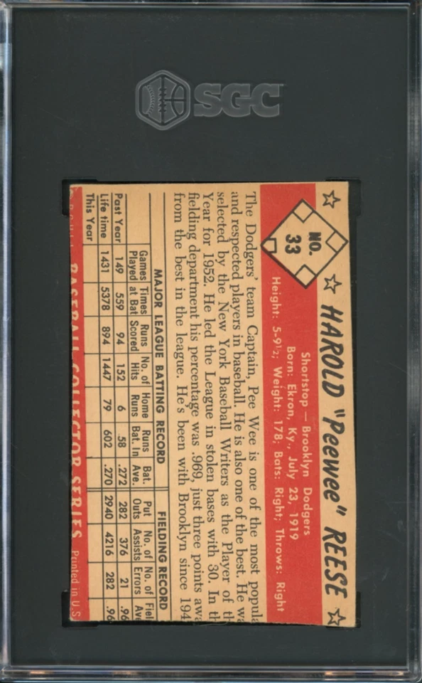 1953 Bowman Color Pee Wee Reese #33 SGC Authentic Evidence of Trimming Iconic - Image 2 of 2