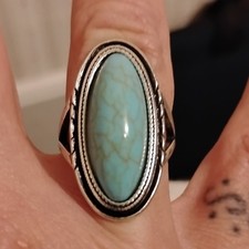 Turquoise Oval Gemstone Silver Ring Native American Style Size 8 Bezel Setting
