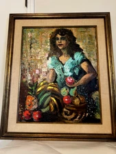 ORIGINAL QUALITY ART EXPRESSIONISM IMPRESSIONIST LADY FRUIT LARGE SGND FRMD OLD