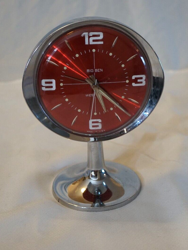 SPACE AGE  70's WEST CLOX BIG BEN RED FACE CHROME PEDESTAL SCULPTURA ALARM CLOCK