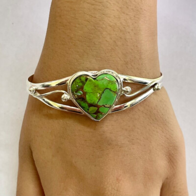Green Copper Turquoise Gemstone 925 Sterling Silver Handmade Bracelet Cuff S-41