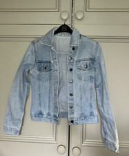 Blue Bleached Distressed Denim Jacket Size 8 Button Up City Girl Vintage Style