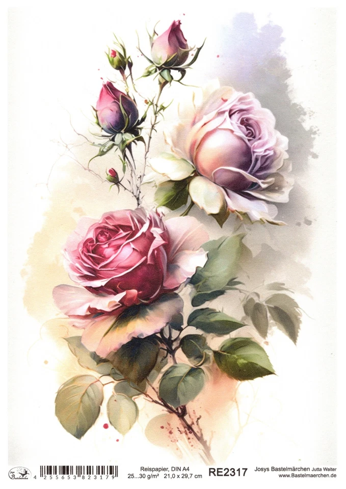 JOSYS BASTELMÄRCHEN Papel de arroz A4 seda de paja decoupage técnica para servir flores rosas RE2317