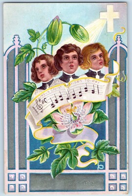c1910's Easter Holy Cross Children Choir Flower Winsch Back Embossed Postcard