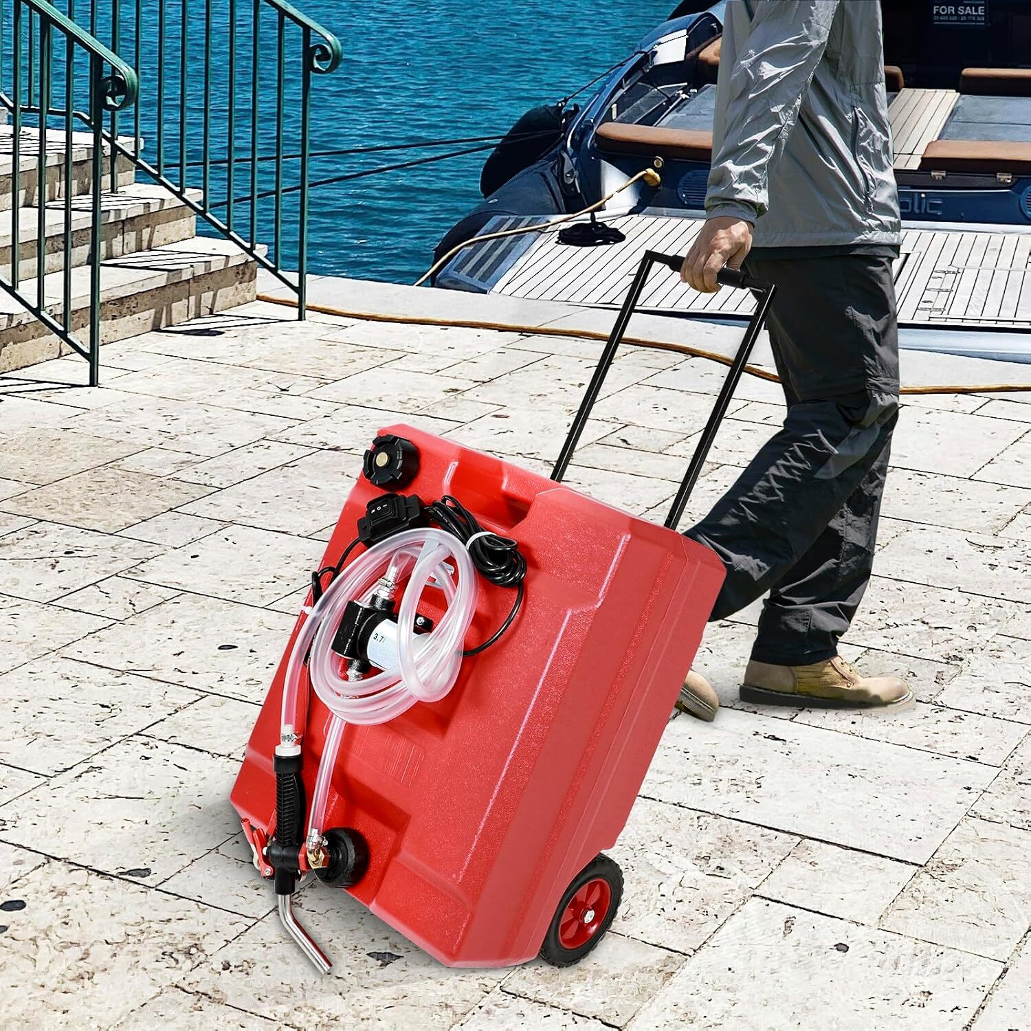 Portable Fuel Caddy Tank Red w/ 12V DC Electric Fuel Oil Transfer Pump 13 Gallon