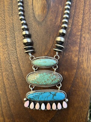 Navajo Sterling Silver Turquoise Pink Conch Pearls Lariat Y Necklace KY