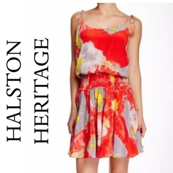 Halston Heritage Poppy Water Mirage Print Silk Dress Tie Shoulder