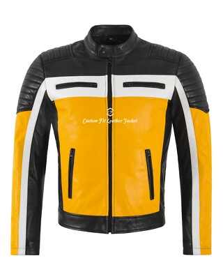 Cafe Racer Herren Biker Lederjacke Schwarz Gelb Retro Style Motocross Jacke