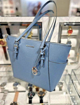 Michael Kors Charlotte Large Leather Denim Shoulder Tote Handbag