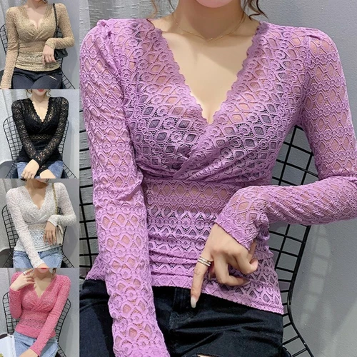 Damen Spitze Bluse Top T-Shirt V-Ausschnitt Langarm transparent durchsichtig schmal sexy weich - Bild 4 von 23
