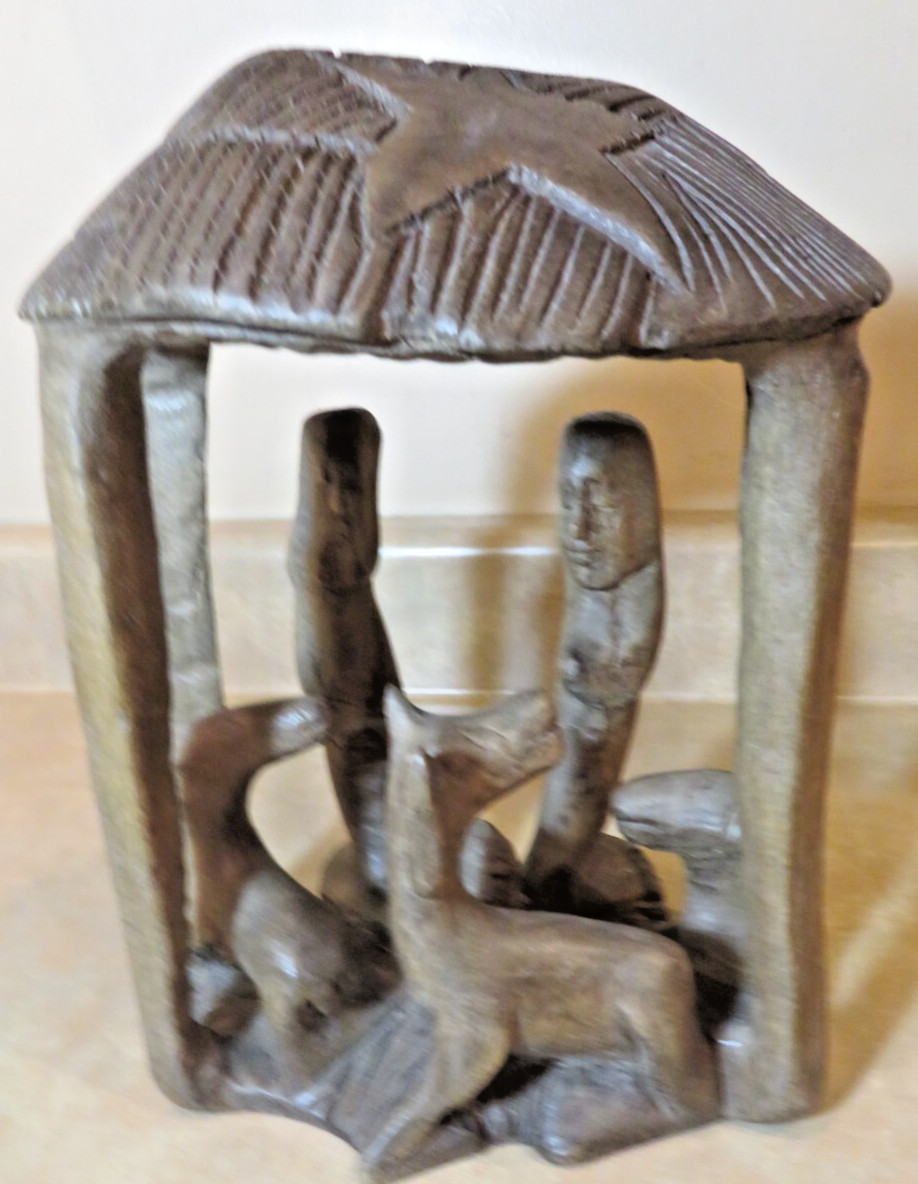 Hand Carved Wooden Nativity Scene Jesus Mary Joseph Animals, 9" tall, Primitive