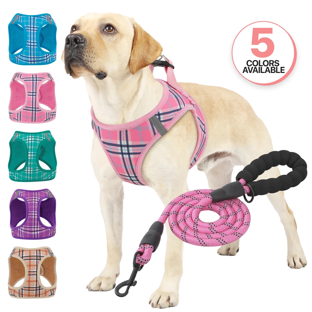 Dog Harness Breathable Mesh Adjustable Control Reflective Vest & Leash Set Pink