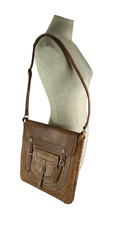Genuine vintage tan natural hand tooled leather shoulder bag front flap