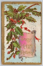 1910 Christmas Holly & Red Ribbon Gold Gilt Embossed Antique Postcard