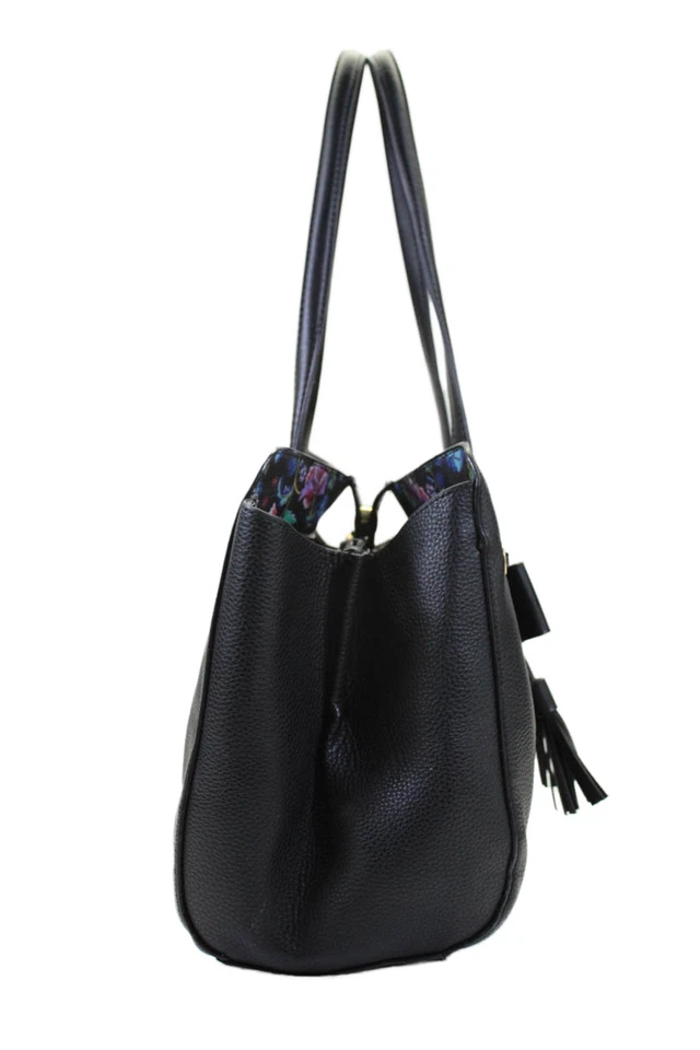 Nanette Lepore Womens Leather Floral Lined Drawstring Bow Shoulder Handbag Black - Image 2 of 4