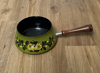 Retro Kochtopf Top Emaille Grün Geblümt Mit Holz Griff