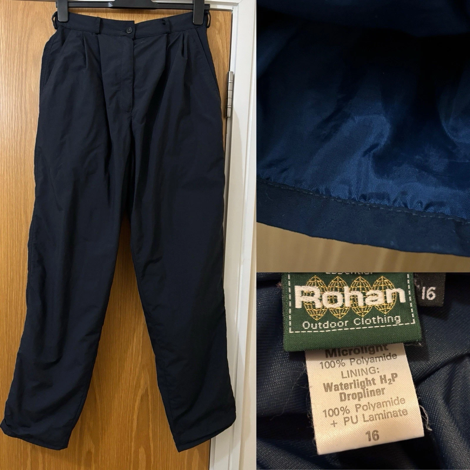 ROHAN Dark Navy ALL WEATHER Trousers Fits UK 12 16 Label L30” Waterproof Lining