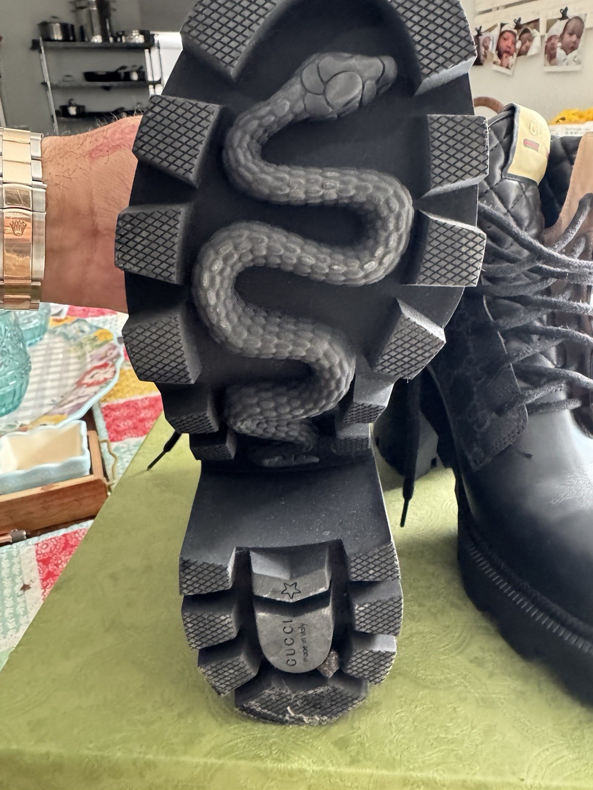 Gucci Black Quilted Logo Lace-Up Leather Combat Boots Snake Accent Women thumbnail 9