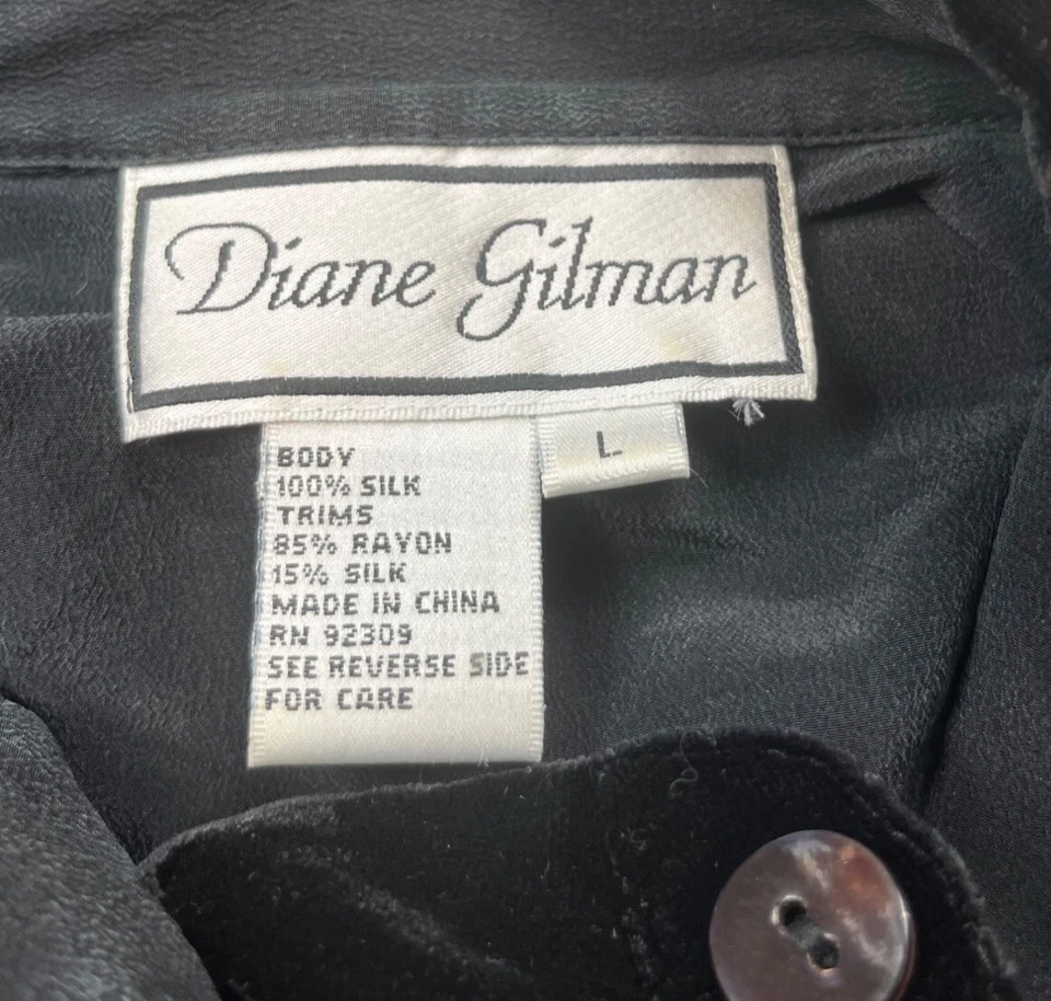 Diane Gilman Blouse Women Large Black Silk Velvet Trim Button Up Top Elegant Y2K - Image 3 of 4