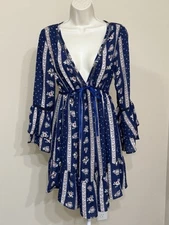 Wishlist Apparel Womens Blue Floral Geometric Print V-Neck Ruffle Summer Dress S