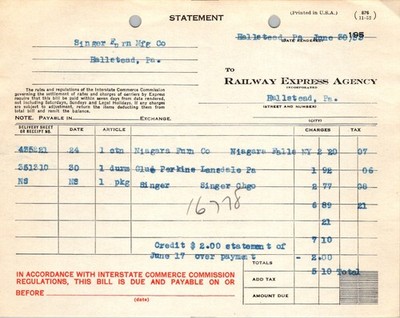Railway Express Agency 1955 Billing Statement Singer Furniture Hallstead PA