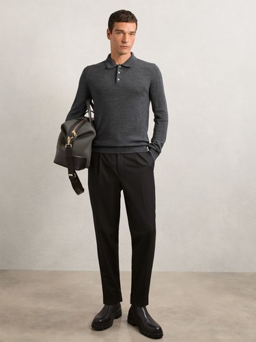 Reiss, Reiss Mens Grey Merino Long Sleeve Polo Size L
